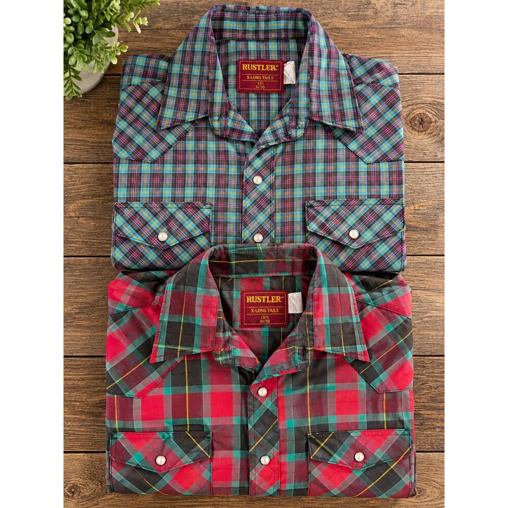 Vintage Rustler X-Long Tails Western Shirts 2-Pc Bundle Pearl Snap 16 1/2, 34/35